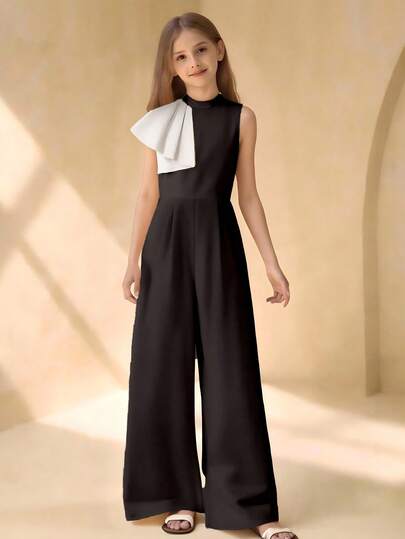 SHEIN 1pc Girls' Spring/Summer Casual Commuter Crepe Fabric Mandarin Collar Sleeveless Zipper Splice Straight Leg Jumpsuit, Elegant For Daily Wear, Outing, Party