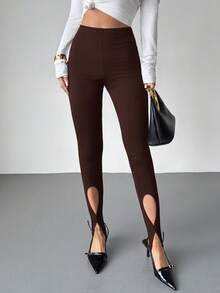 Firerie Women's Minimalist Elegant Daily Casual Commuting Leggings, Black Knit High Waist Slim Hollow Out Stirrup Tight Leggings, Spring/Summer New Ladies Leggings Pants - Brown - View 1