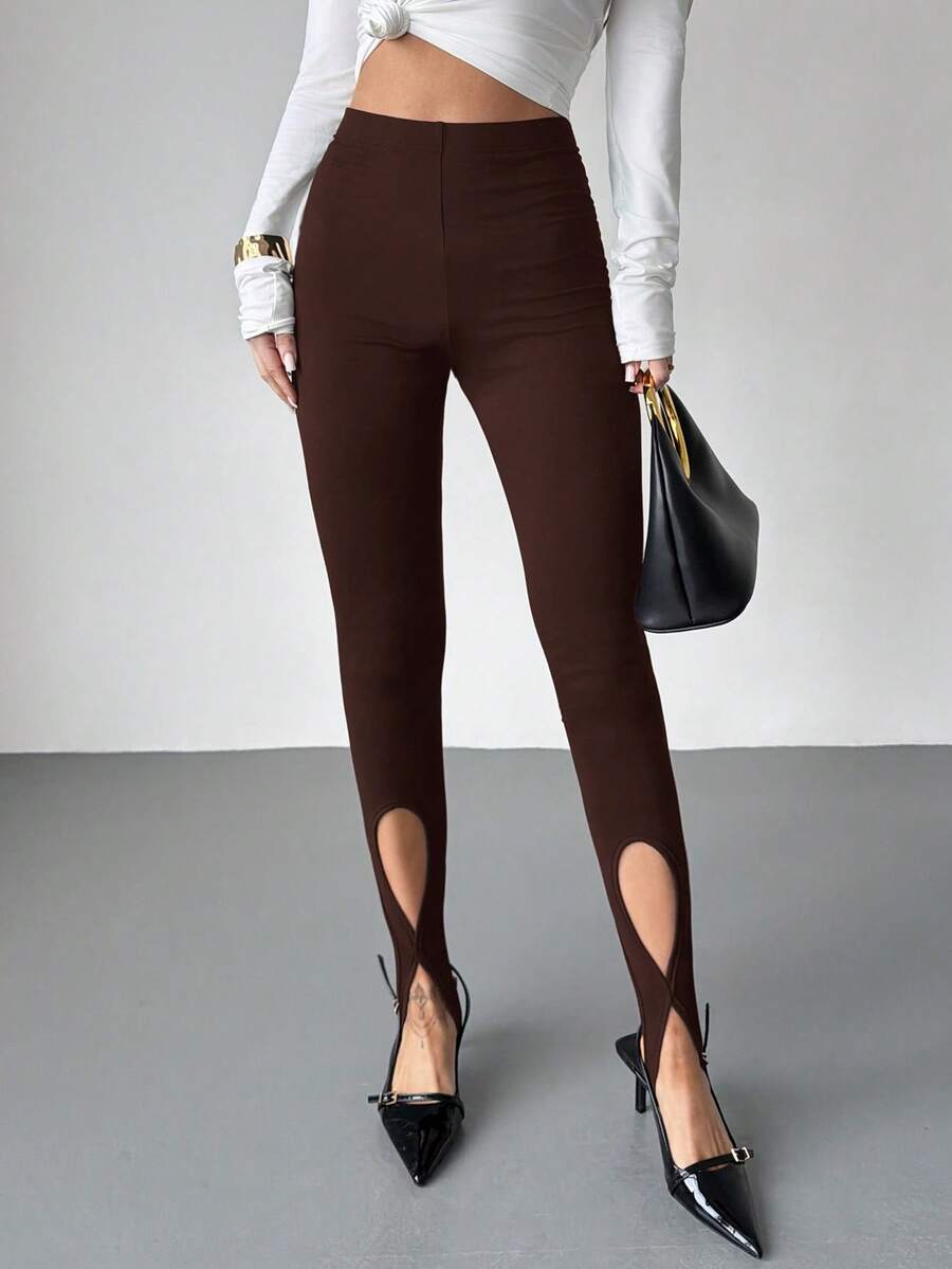 Firerie Women's Minimalist Elegant Daily Casual Commuting Leggings, Black Knit High Waist Slim Hollow Out Stirrup Tight Leggings, Spring/Summer New Ladies Leggings Pants - Brown - View 1