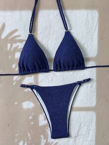 SHEIN Luminelle New Arrival Spring/Summer Halter Neck Triangle Cup Thong Bikini Set, Sexy Women's Swimsuit - Navy Blue - View 3