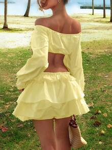 ROMWE Avant 海岛度假风清新性感樱桃印花雪纺罩衫两件套（女士款） - 淡黃色 - 查看 3