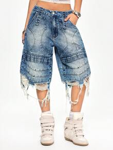 ROMWE Grunge Punk Distressed Patchwork Low Waist Oversized Denim Bermuda Shorts - Blue - View 1