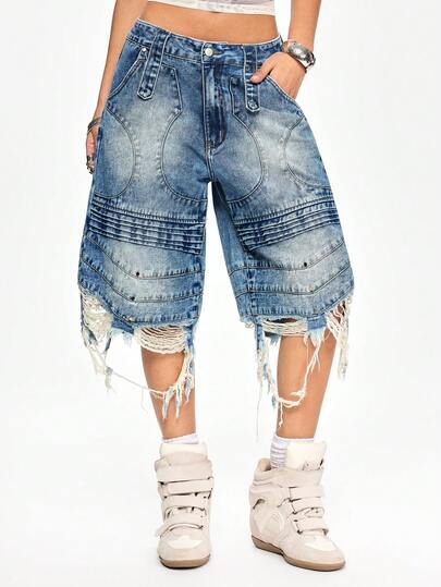 ROMWE Grunge Punk 做旧拼接低腰宽松牛仔百慕大短裤