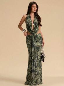 SHEIN BAE 女士花卉印花金属扣装饰上衣和褶皱花卉印花中长裙套装，度假两件套，适合海滩、度假村、音乐节等场合。 - 綠色 - 查看 4