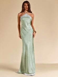 SHEIN BAE 春夏性感简约开心果绿，鼠尾草色纹理蕾丝拼接露背吊带修身长裙，饰有3D立体花卉，适合派对、鸡尾酒会、正式场合、伴娘、生日等场合，绿色缎面长裙，商务休闲风 - 綠色 - 查看 1