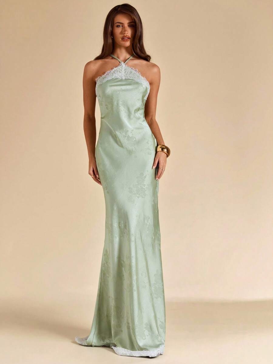 SHEIN BAE 春夏性感简约开心果绿，鼠尾草色纹理蕾丝拼接露背吊带修身长裙，饰有3D立体花卉，适合派对、鸡尾酒会、正式场合、伴娘、生日等场合，绿色缎面长裙，商务休闲风 - 綠色 - 查看 1