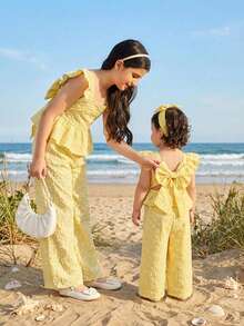2Pcs Baby Girl Summer Pastel Yellow Cute Vacation Outfit,Ruffled Bow Top And Trousers Set,Lemon Floral Linen Clothes For Toddler Girls Summer Coord - Yellow - View 9