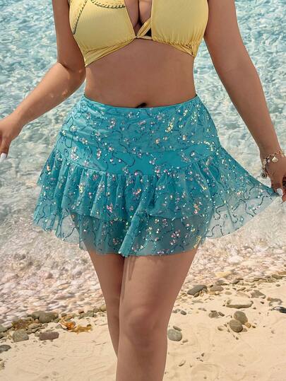 Comfortcana Plus Size Women's Sequin Double Ruffle Hem Fashionable Skirt