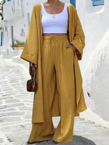 Balvessa 女士休闲日常通勤度假风简约纯色喇叭袖宽松长袍外套和阔腿裤两件套，春秋季 - 黃色 - 查看 1