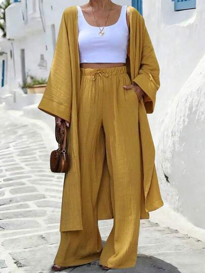 Balvessa Women's Casual Everyday Commute Vacation Style Simple Solid Color Flare Sleeve Loose Robe Jacket And Wide Leg Pants 2-Piece Set, Spring/Autumn