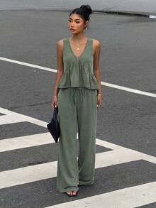 Muchica 女士复古水洗军绿色V领背心和裤子套装，夏季 - 軍綠色 - 查看 4