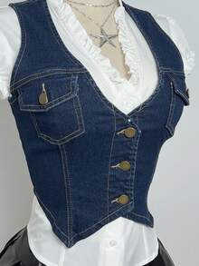 Elamini Y2K Fashion Casual Button-Up Sleeveless Denim Vest With Pockets - Dark Wash - View 8