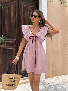 Serisse Women's Striped Front Tie Ruffle Hem Short Dress,Summer Dresses For Women - Burgundy - View 6
