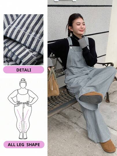 Dazy Plus Fashionable Striped Loose Casual Bib Pants With Pockets, Plus Size Women Long Denim Jumpsuit