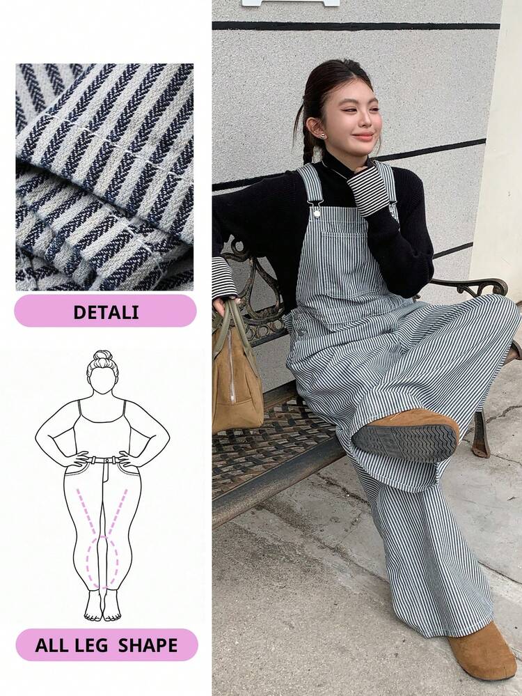 Dazy Plus Fashionable Striped Loose Casual Bib Pants With Pockets, Plus Size Women Long Denim Jumpsuit