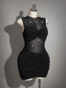 SHEIN ICON Sexy Partykleid in Große Größen für Frauen, schwarzes ärmelloses Mesh-Patchwork-Bodycon-Kleid, Cocktailkleid - Schwarz - Übersicht 7