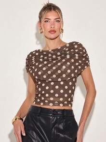 COSMINA Blusa elegante con estampado de lunares, diseño ajustado y acortado, adecuada para uso diario, salir con amigos, tomar el té de la tarde, diseño 2 en 1 con chal, patrón de lunares en color albaricoque y marrón, primavera/verano - Marrón - Ver 4