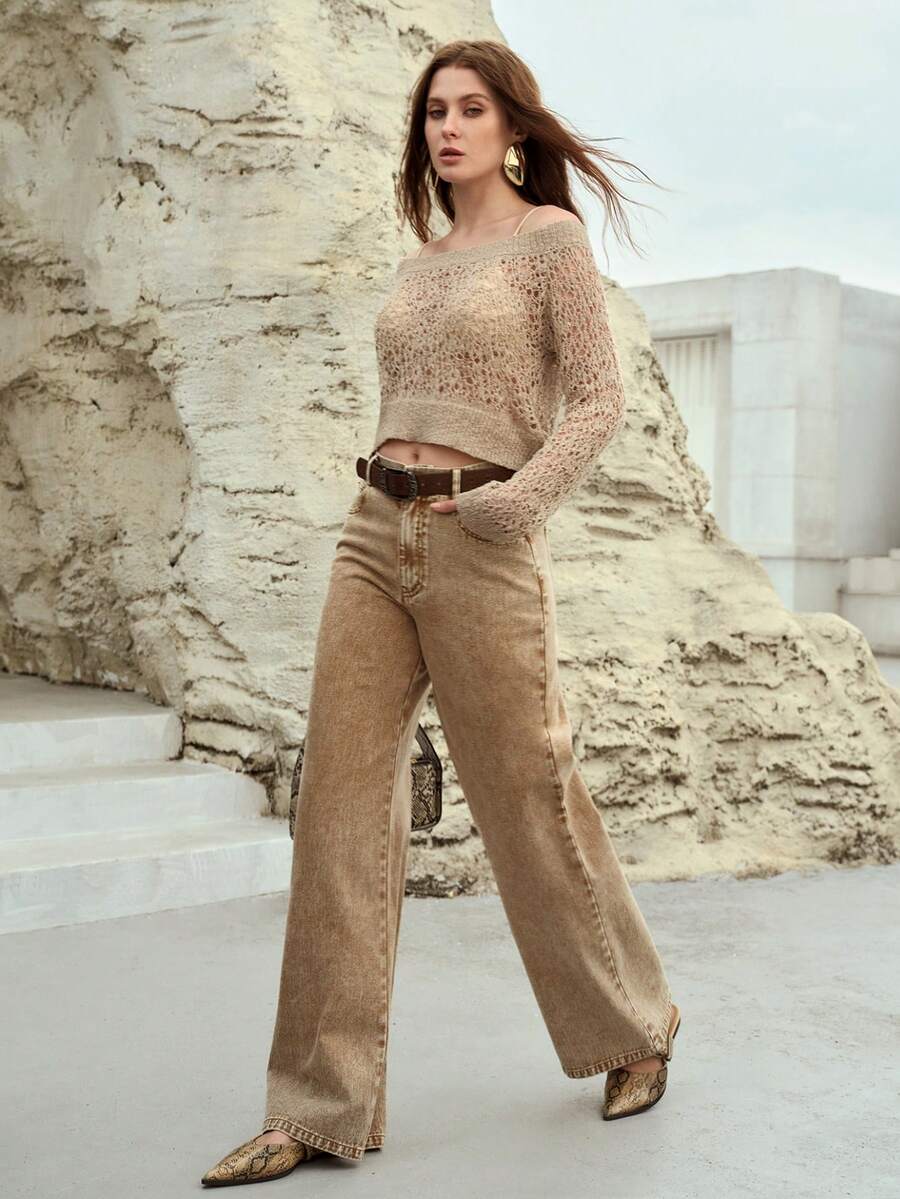 MOTF PREMIUM ONE-SHOULDER HOLLOW-OUT WOMEN KNIT SWEATER TOP, SPRING/SUMMER - Khaki - View 2