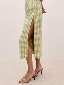 Nöista Summer Casual Plaid Side Button Slit Dress - Green - View 3