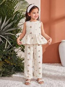 SHEIN 2pcs/Set Young Girl Ditsy Floral Sleeveless Tank Top & Loose Casual Pants Set,Kids - Apricot - View 8
