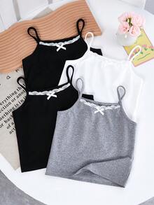 4件套女童优雅蕾丝边蝴蝶结装饰吊带背心套装 - 彩色 - 查看 3