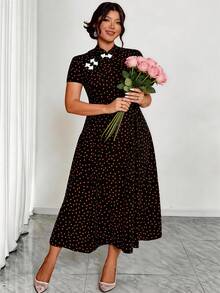 Elenzga Vestido de fiesta elegante con efecto de cintura para mujer de talla grande con lunares - Negro - Ver 8