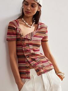 Bohemela Women's Pink Stripe Y2K Summer Boho Vacation Imitation Crochet Knitted Asymmetrical Placket T-Shirt,Bohemian Music Festival Casual Short Sleeve Top - Multicolor - View 4