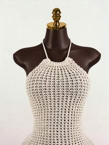 SaltGleam SaltGleam 女士夏季针织流苏连衣裙 - 杏色 - 查看 4