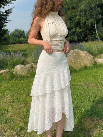 SHEIN MOD Women's Romantic Elegant Lace Layered Ruffle Asymmetric Hem Skirt