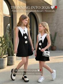SHEIN Tween Girl Floral Decor Contrast Collar Sleeveless Black And White Dress,Summer Cute Modest Elegant Evening Party Formal Kids Mother Daughter Outfit - Black - View 15
