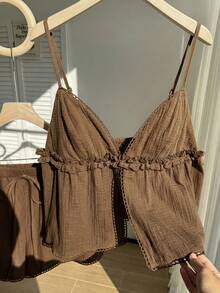 Comfortcana Brown Plus Size Women's Lace Trim Camisole And Shorts 2 Pieces Set - Brown - View 3