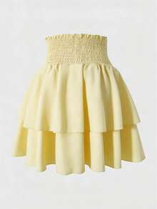 SHEIN 青少年女孩純色休閒夏季層次仙女風生日淺黃色荷葉邊迷你裙，度假百搭裙 - 黃色 - 查看 2