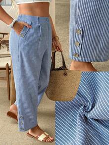 Ceyna 大码女士长款条纹裤，带口袋，优雅长裤，适合工作通勤，夏季女士度假套装，女士休闲裤装，女士春季套装，衬衫裤，女士休闲裤，女士休闲套装，阔腿裤，女士高腰裤，夏季女士长裤 - 藍白色 - 查看 1