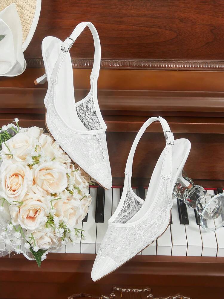 CUCCOO HITCHD Women's Shoes Lace Embroidery Pointed Cat Heel Elegant Romantic White Lace Mesh High Heels, Bridal, Bridesmaid, Party, Wedding Christmas Dress Shoes