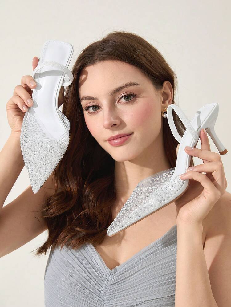 CUCCOO CHICEST Women's Pearly Rhinestone Decorated White Transparent Strap High Heel Sandals, Sexy Elegant Closed Toe Pointed Toe Backless Ladies Shoes For Christmas Elegant Shoes Wedding Shoes Summer Shoes Bride Shoes