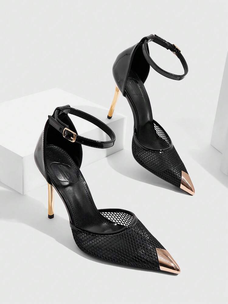 CUCCOO SZL Women Sexy Fashion Pointed Toe Metal Buckle Black Breathable Mesh Strap Buckle Ladies Thin High Heel Hollow Out Pumps Spring Shoes Spring Break Easter For Christmas Spring Shoes