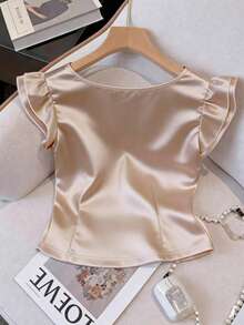 GlowEve Women's Champagne Square Collar Satin Double-Layer Short Sleeve Blouse - Champagne - View 2