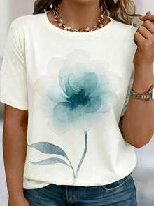 Plus Size Women Casual Short Sleeve Round Neck T-Shirt With Ink Floral Print - Multicolor - View 3