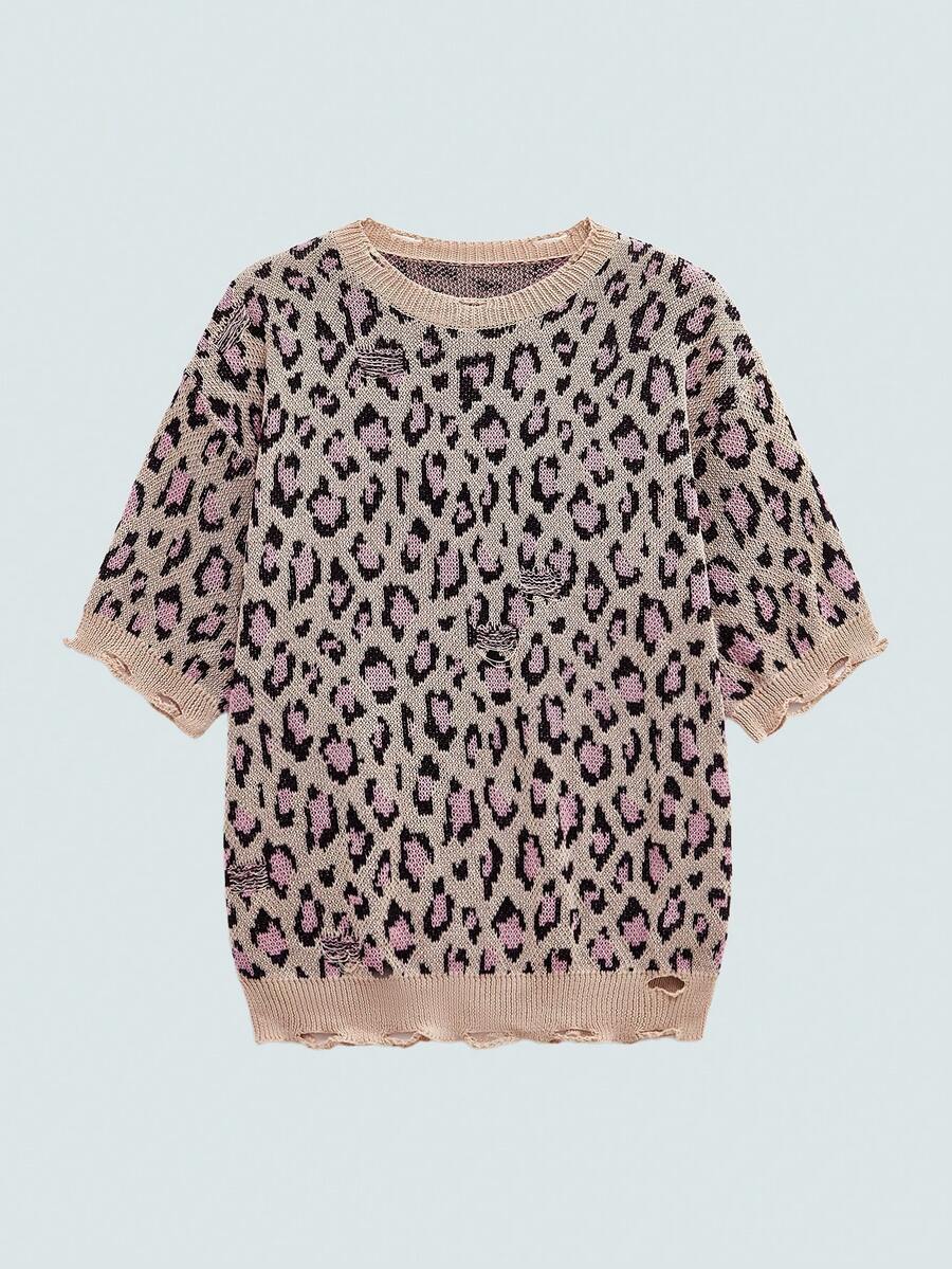 Modcrash 男女通用宽松休闲豹纹圆领短袖针织上衣，春夏款，复古美式风格，男女通用，宽松版型夏季服装——适合日常穿着和夏季度假穿着。 - 杏色 - 查看 1