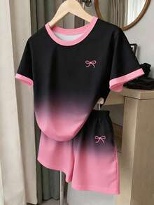 2pcs/Set Tween Girl Spring/Summer Casual Fashion Black & Pink Ombre Bow Print T-Shirt & Shorts Set - Multicolor - View 4
