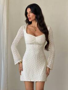 SHEIN Tall Đầm mini dáng chữ A ôm sát, cổ vuông, tay bồng, xếp ly, dành cho nữ, đầm mùa đông, đầm thu đông, đầm thanh lịch, đầm trắng, đầm thanh lịch cho nữ. - trắng - Xem 4