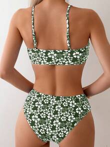 SHEIN Swim Women's Swimsuit Set, Printed Tankini, Wireless - Army Green - View 2