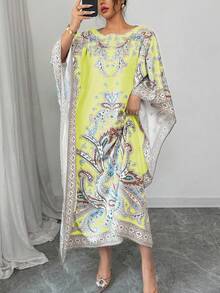 Rafferiza Elegant Loose Middle Eastern Digital Placement Print Round Neck 3/4 Sleeve Robe, Spring/Summer For Women - Light Yellow - View 7