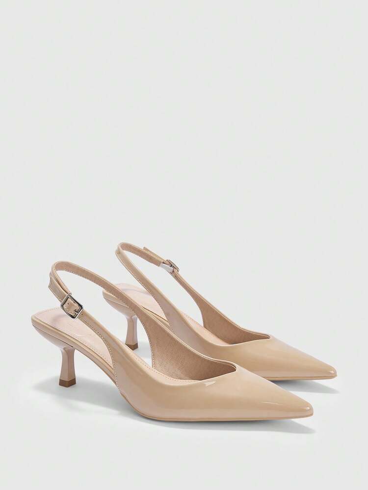 CUCCOO BIZCHIC Women Shoes Spring And Summer New Pointed Thin Heel Middle Heel Apricot Comfortable Versatile Temperament Elegant Glossy Low Vamp Slingback Commuter Dating Daily Wear Solid Color Women's High Heel Shoes