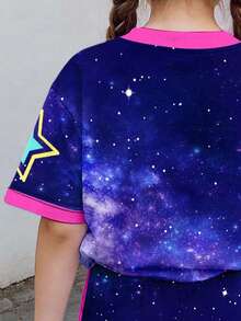 Tween Girls' Contrast Trim Letter & Cartoon Print Short Sleeve T-Shirt And Shorts 2-Piece Set,Navy Blue,Summer,80s,Cute,Wedding Guest Youth Clothes - White - View 3