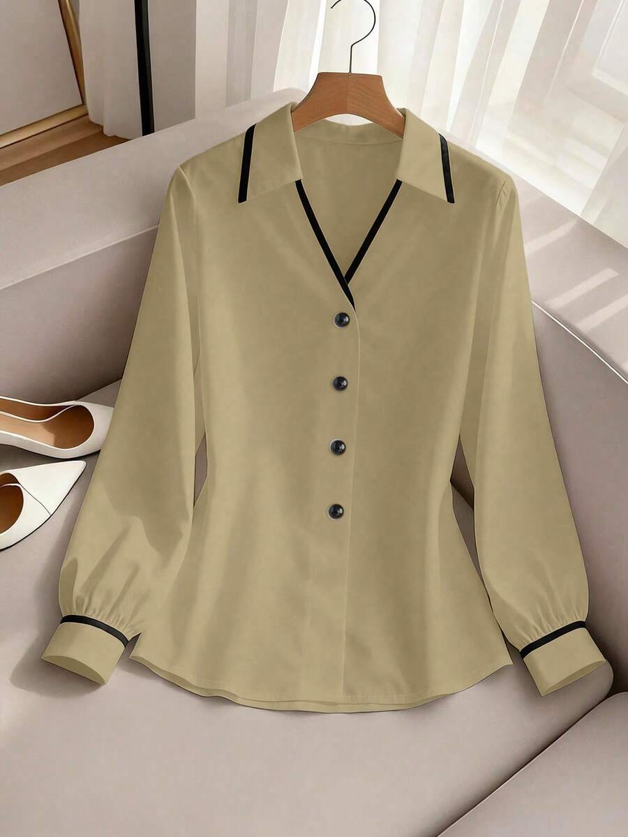 SHEIN Franclia 撞色休闲户外衬衫,简约休闲风,适合户外通勤穿着。 - 卡其色 - 查看 1
