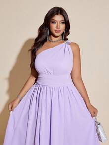 Maweii 大码优雅褶皱钻石装饰不对称领口高开衩连衣裙 - 紫色 - 查看 6