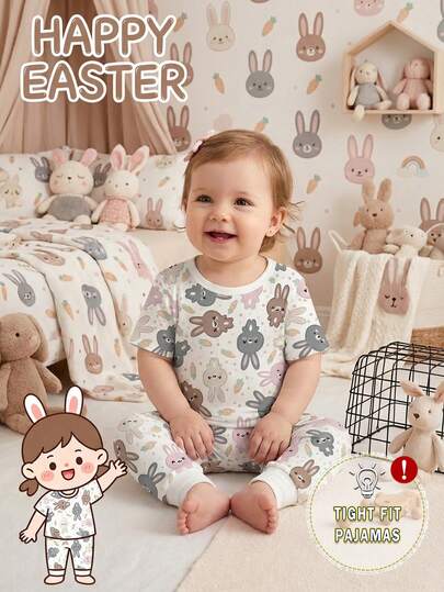 可爱兔子印花女婴两件套，圆领短袖上衣和打底裤，舒适弹力面料，适合春夏穿着
