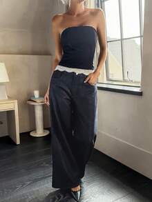 Livesso Mono de verano informal de mujer de algodón denim con parte superior de tubo y dobladillo de encaje - Azul lavado oscuro - Ver 5