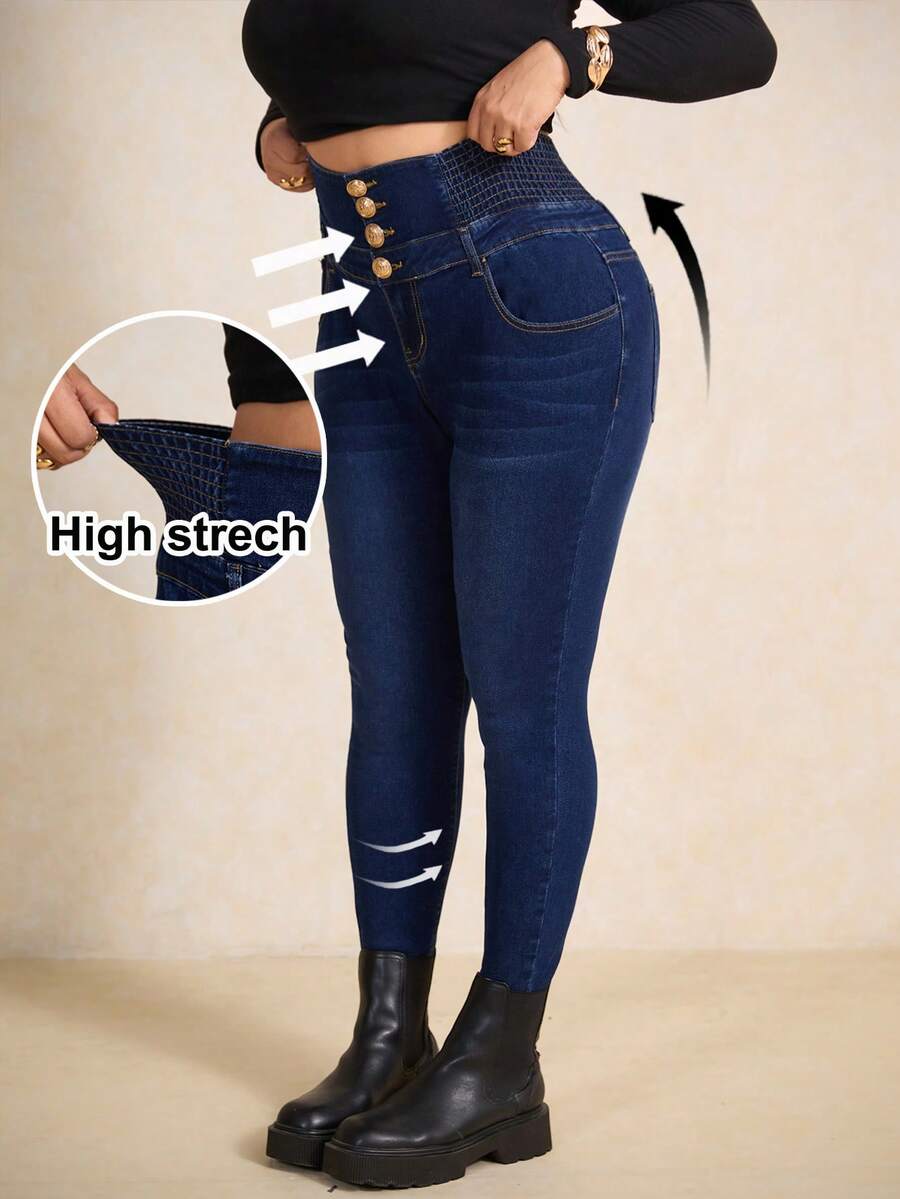 SHEIN CURVE+ جينز قطن يومي متعدد الاستخدامات مع جيوب وأزرار للنساء ذوات الأحجام الكبيرة - أزرق داكن - مشاهدة 1